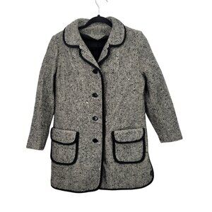 Vtg 70s Petite‎ Tweed Long Line Coat Sz PS Black White Contrast Trim Twee Winter